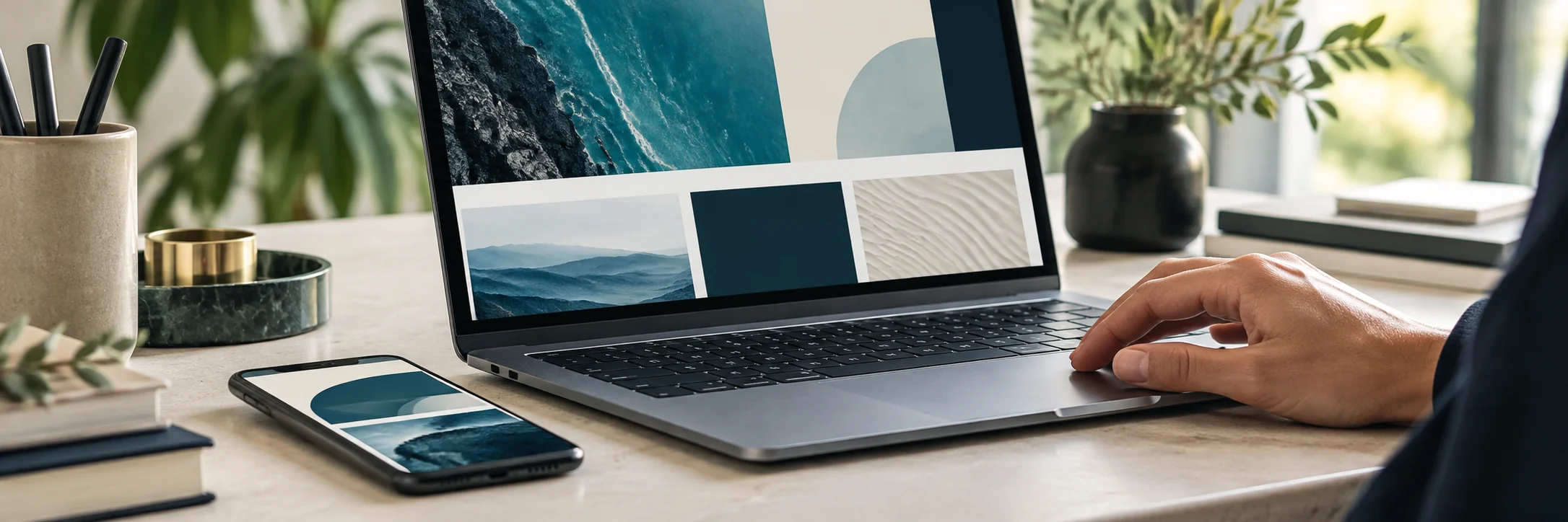 A designer refining a coordinated website on a laptop and phone